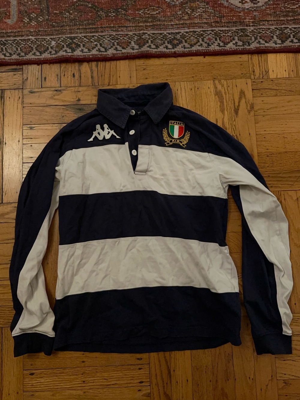 Kappa Men's Navy and White Horizontal Stripe Rugby Polo